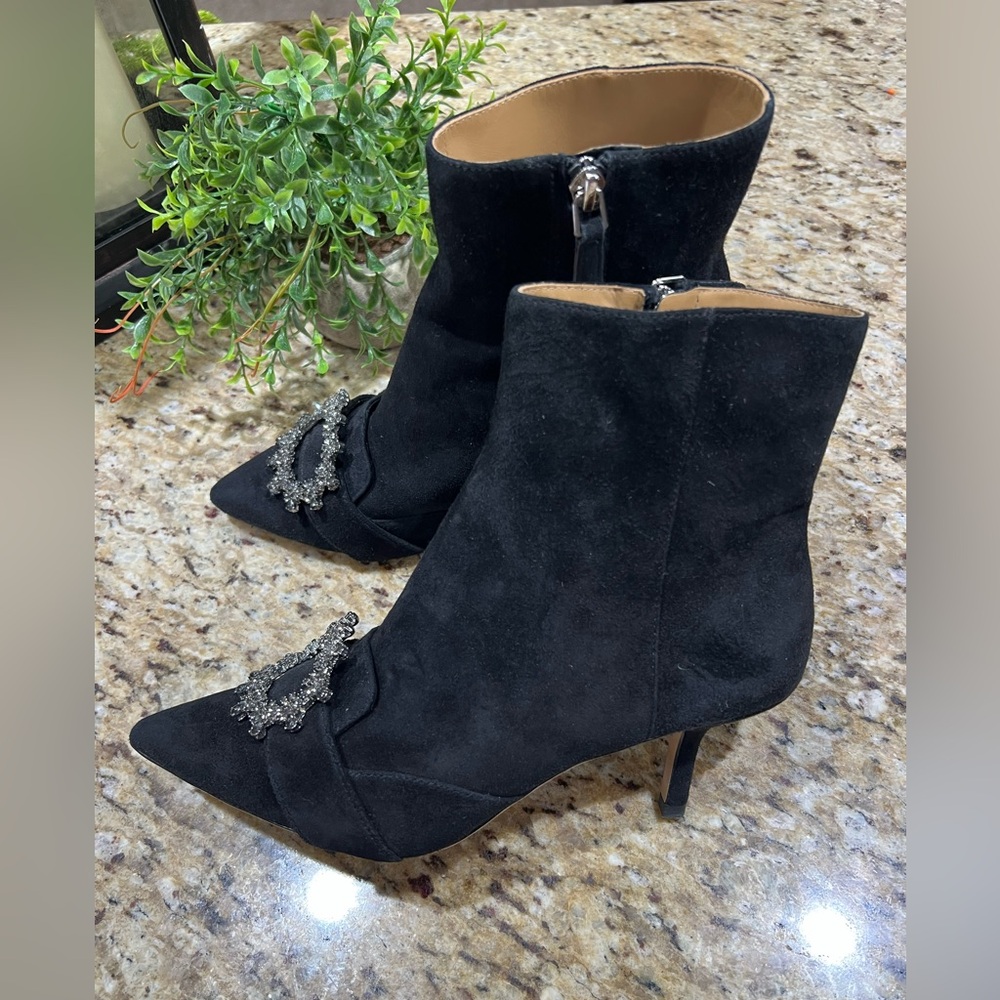 TORY BURCH Crystal-Buckle Black Velvet-like Leather Booties w/ Gunpower Metal 8M - Picture 4 of 10
